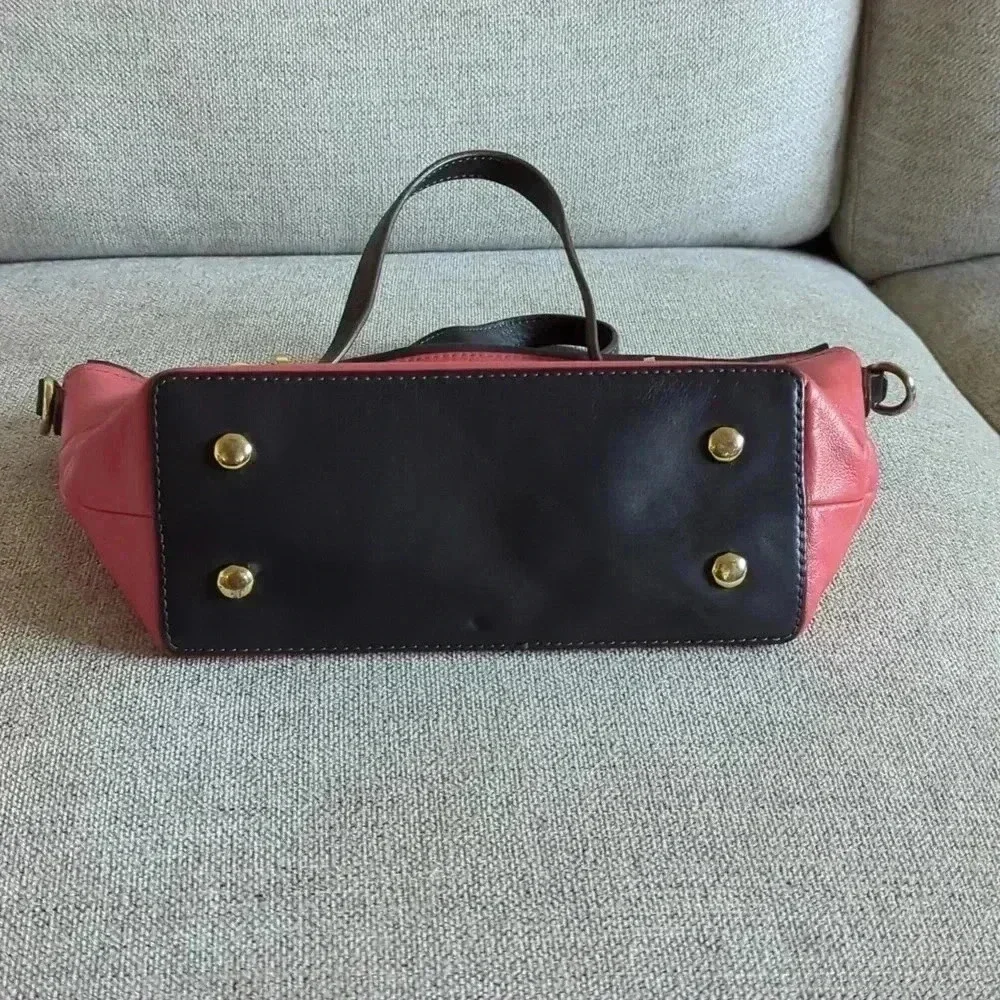 Vintage Halston Heritage Leather Handbag with Crossbody Option Salmon/Brown/Gold - Picture 2 of 6